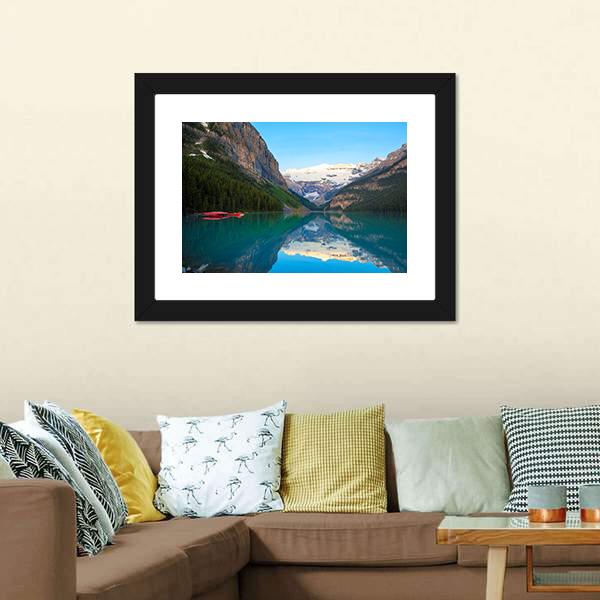 Lake Louise With Red Canoe Canvas Wall Art-3 Horizontal-Gallery Wrap-25" x 16"-Tiaracle