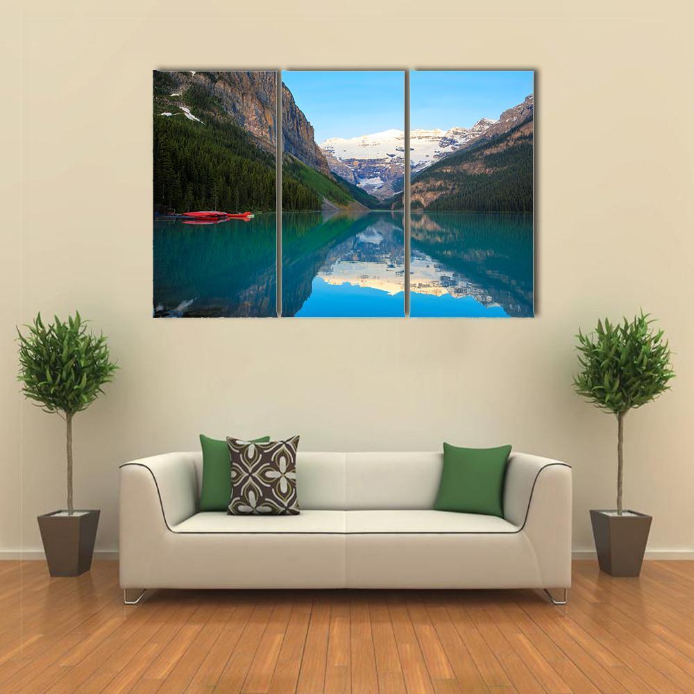 Lake Louise With Red Canoe Canvas Wall Art-3 Horizontal-Gallery Wrap-37" x 24"-Tiaracle