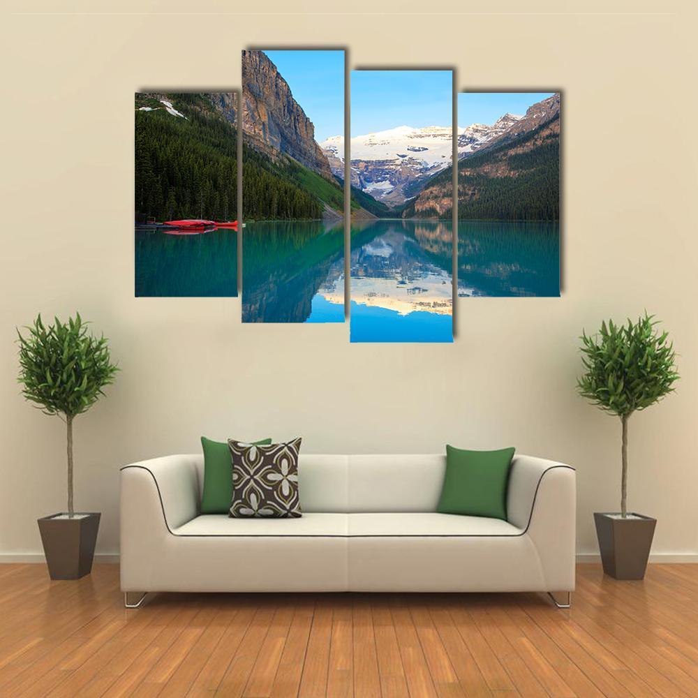 Lake Louise With Red Canoe Canvas Wall Art-4 Pop-Gallery Wrap-50" x 32"-Tiaracle