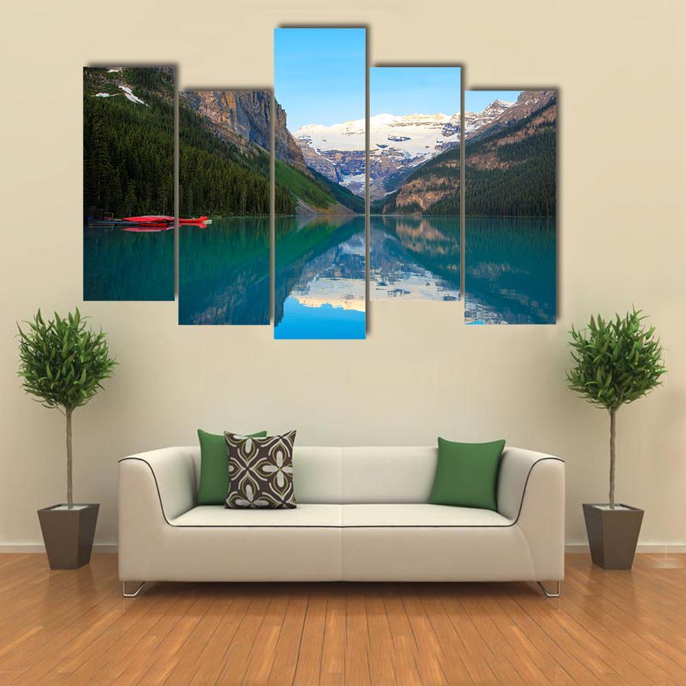 Lake Louise With Red Canoe Canvas Wall Art-5 Pop-Gallery Wrap-47" x 32"-Tiaracle