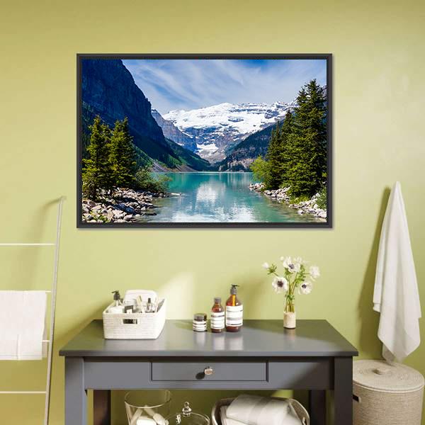 Lake Louise with Snow-capped Mountains Canvas Wall Art in white, green and blue, framed canvas, product view on a white background
