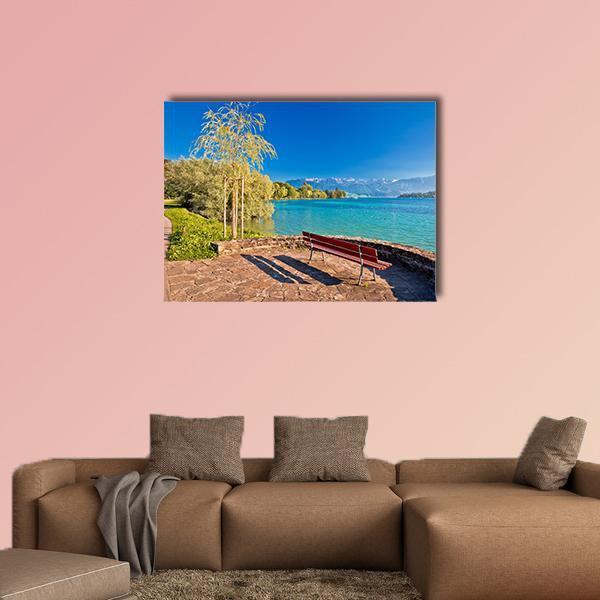 Lake Lucerne Bench Canvas Wall Art-1 Piece-Gallery Wrap-48" x 32"-Tiaracle