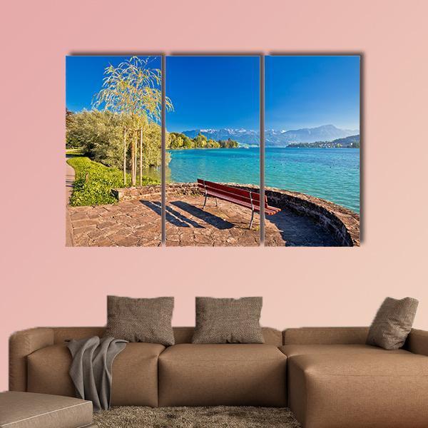 Lake Lucerne Bench Canvas Wall Art-3 Horizontal-Gallery Wrap-25" x 16"-Tiaracle