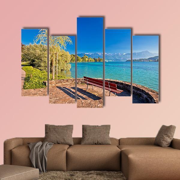 Lake Lucerne Bench Canvas Wall Art-5 Pop-Gallery Wrap-47" x 32"-Tiaracle