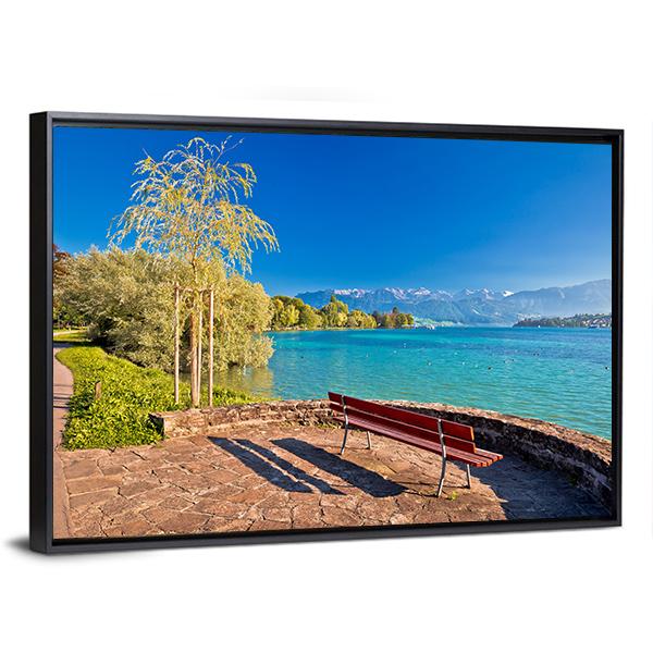Lake Lucerne Bench Canvas Wall Art-3 Horizontal-Gallery Wrap-25" x 16"-Tiaracle