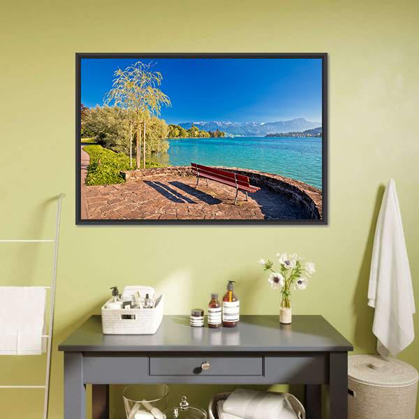 Lake Lucerne Bench Canvas Wall Art-1 Piece-Floating Frame-24" x 16"-Tiaracle