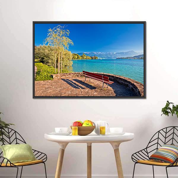 Lake Lucerne Bench Canvas Wall Art-3 Horizontal-Gallery Wrap-25" x 16"-Tiaracle