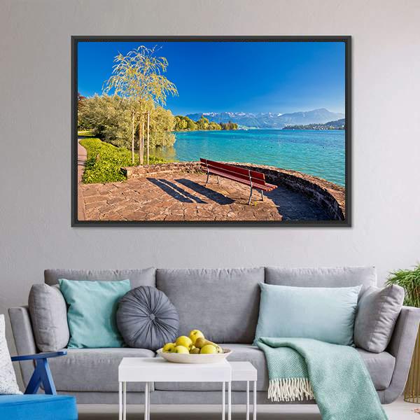 Lake Lucerne Bench Canvas Wall Art-3 Horizontal-Gallery Wrap-25" x 16"-Tiaracle