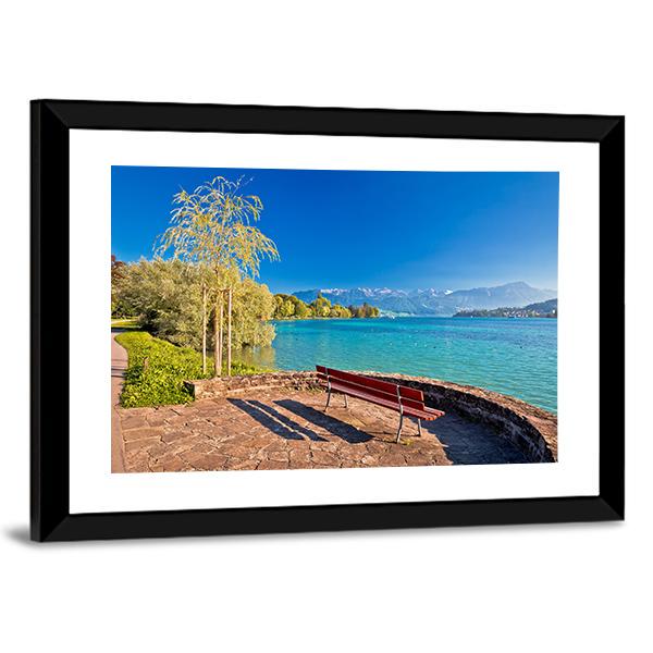 Lake Lucerne Bench Canvas Wall Art-3 Horizontal-Gallery Wrap-25" x 16"-Tiaracle