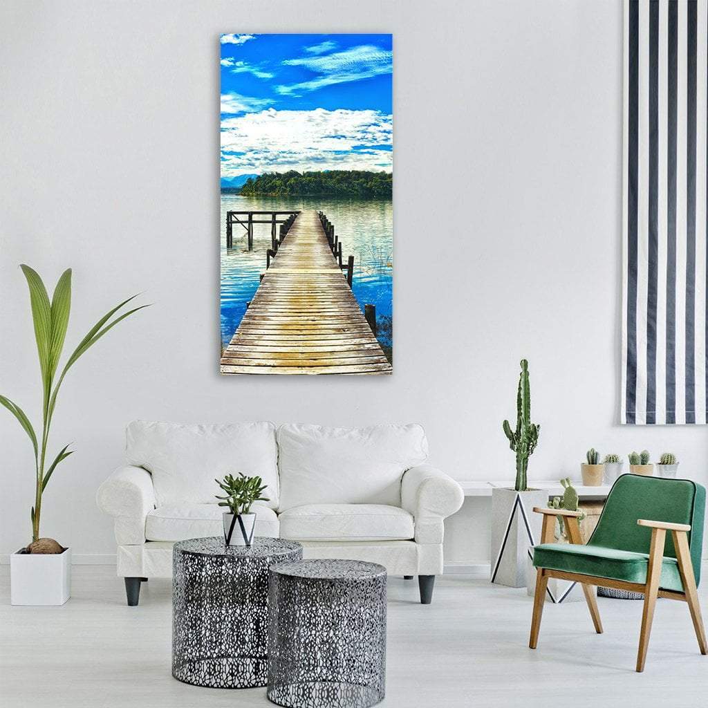 Lake Mahinapua Wooden Pier Vertical Canvas Wall Art in white, brown and blue, single vertical panel hung on a wall