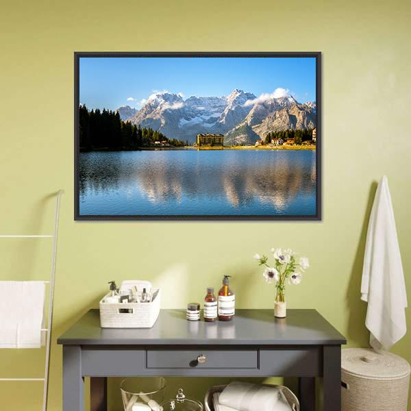 Lake Misurina With Dolomites Canvas Wall Art-1 Piece-Floating Frame-24" x 16"-Tiaracle