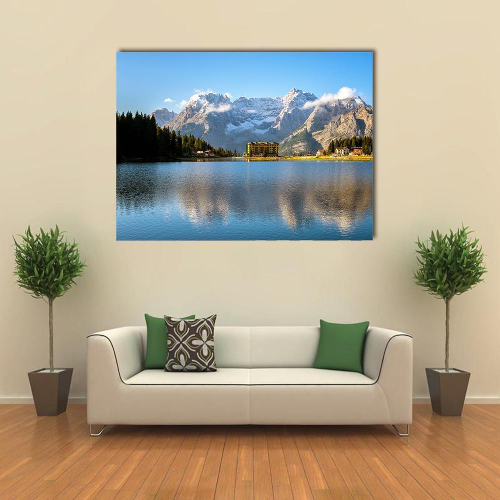 Lake Misurina and the Dolomites Canvas Wall Art in white, gray and blue, single panel hung on a wall