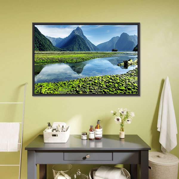 Lake &amp; Mitre Peak Canvas Wall Art-1 Piece-Floating Frame-24" x 16"-Tiaracle