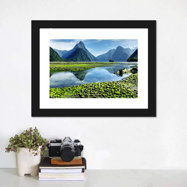 Lake &amp; Mitre Peak Canvas Wall Art-1 Piece-Framed Print-20" x 16"-Tiaracle