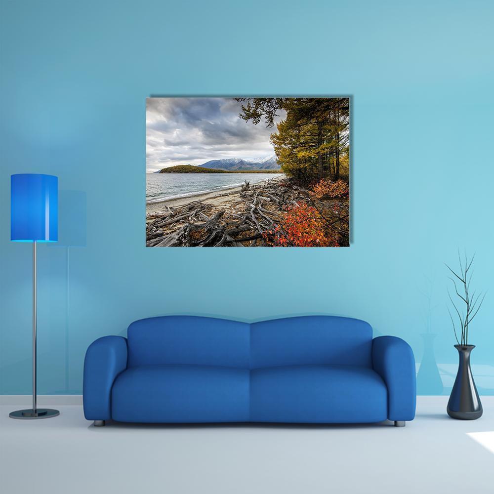 Lake and Mountains of Siberia Canvas Wall Art in gray, brown and blue, single panel hung on a wall
