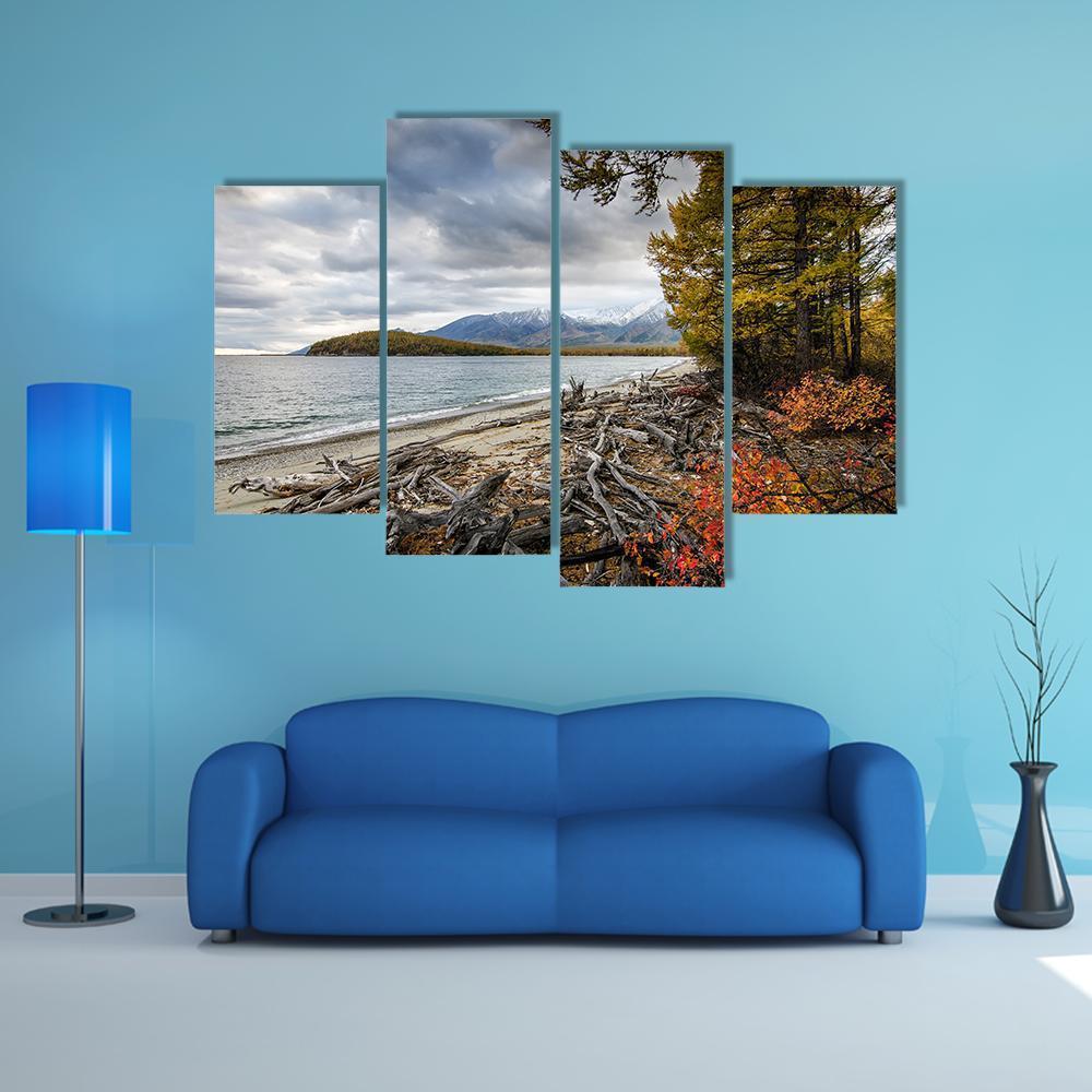 Lake & Mountains Of Siberia Canvas Wall Art-4 Pop-Gallery Wrap-50" x 32"-Tiaracle