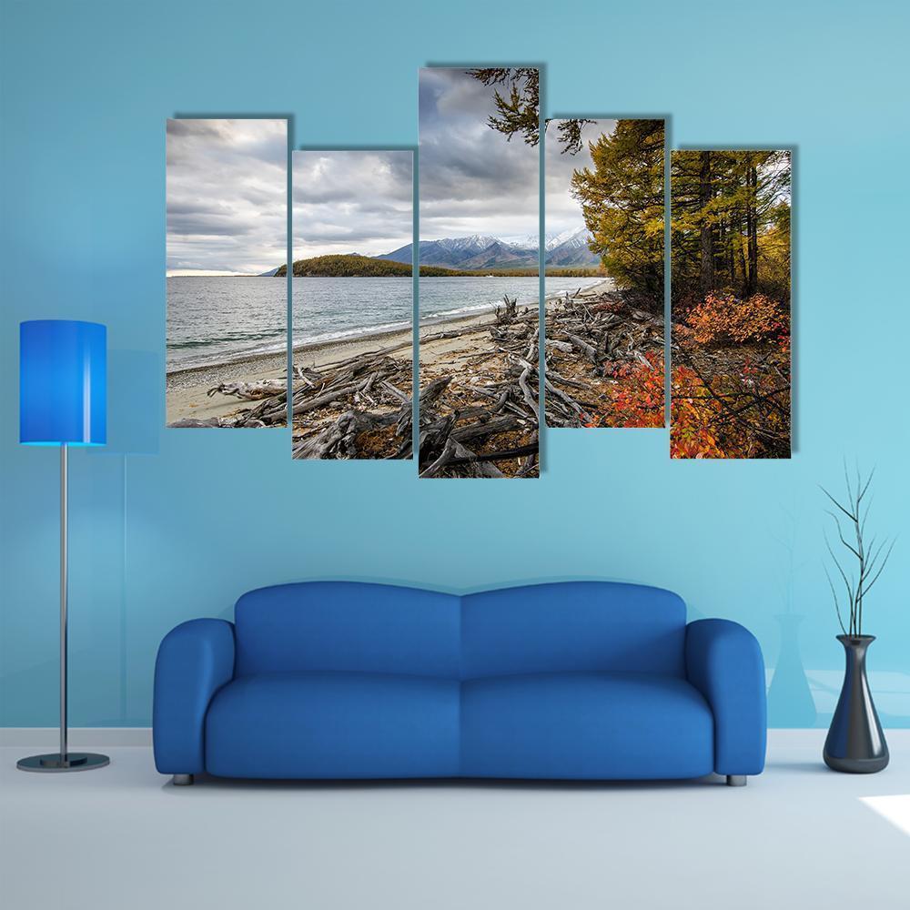Lake & Mountains Of Siberia Canvas Wall Art-5 Pop-Gallery Wrap-47" x 32"-Tiaracle