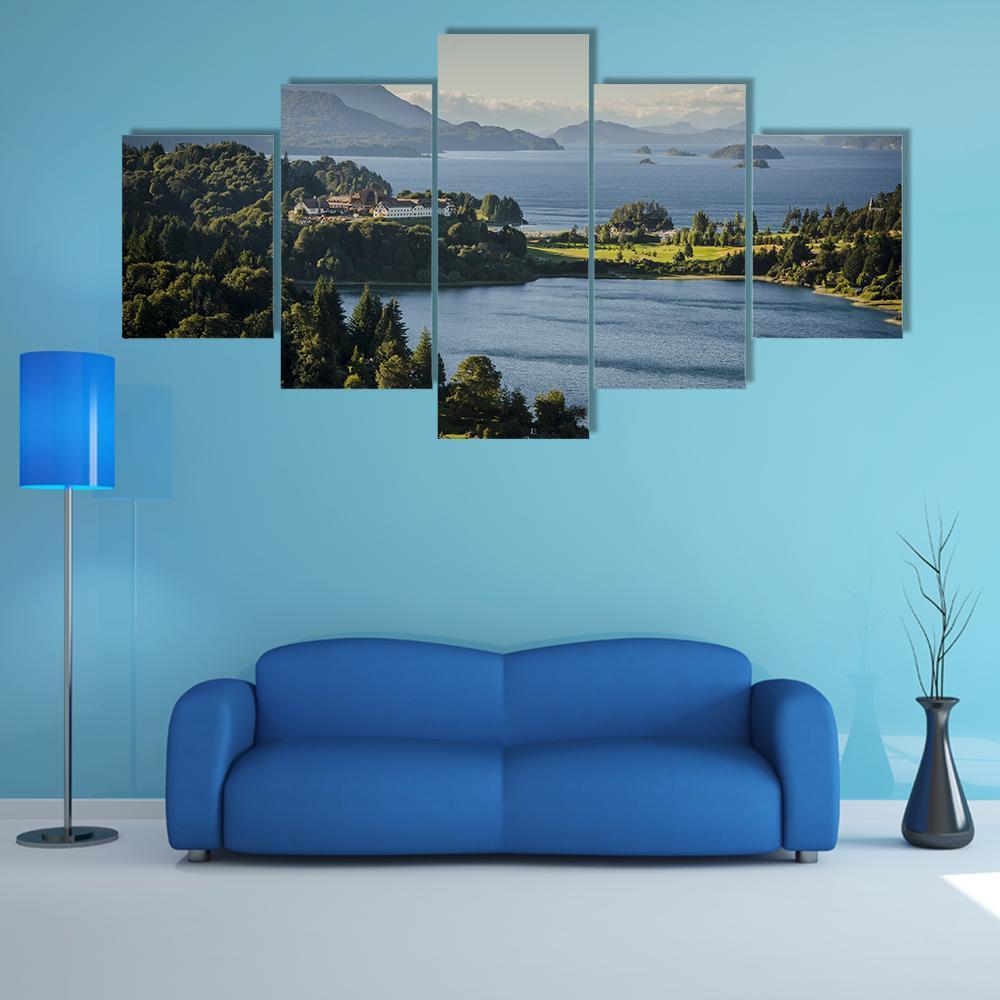 Lake Nahuel Huapi Landscape Canvas Wall Art in green and blue, 5 panel Star layout hung on a wall