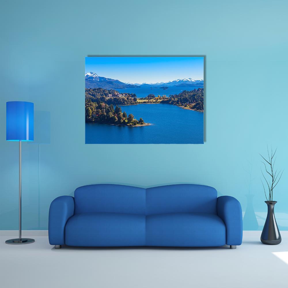Lake Nahuel Huapi, Argentina Canvas Wall Art in green and blue, single panel hung on a wall