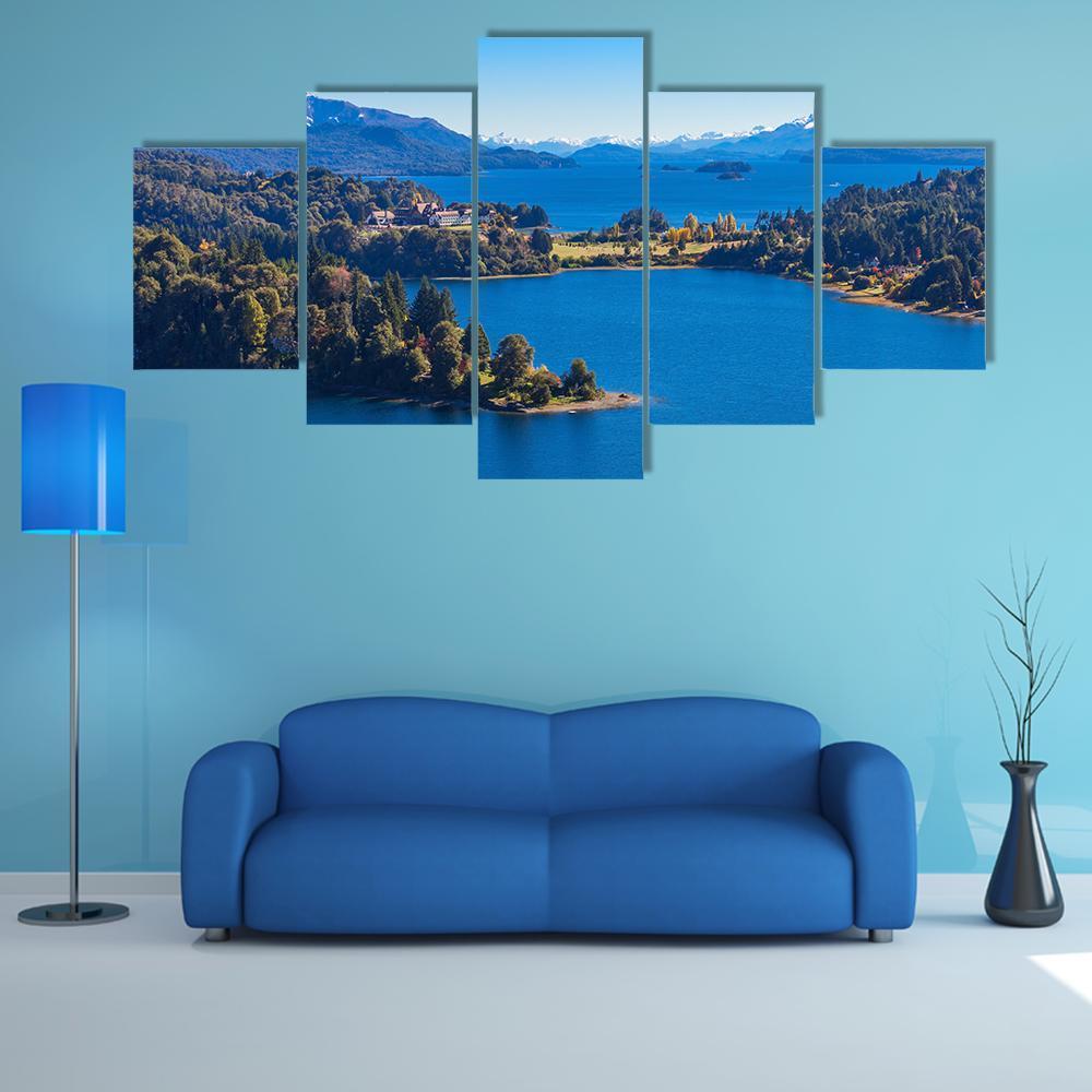 Lake Nahuel Huapi, Argentina Canvas Wall Art in green and blue, 5 panel Star layout hung on a wall
