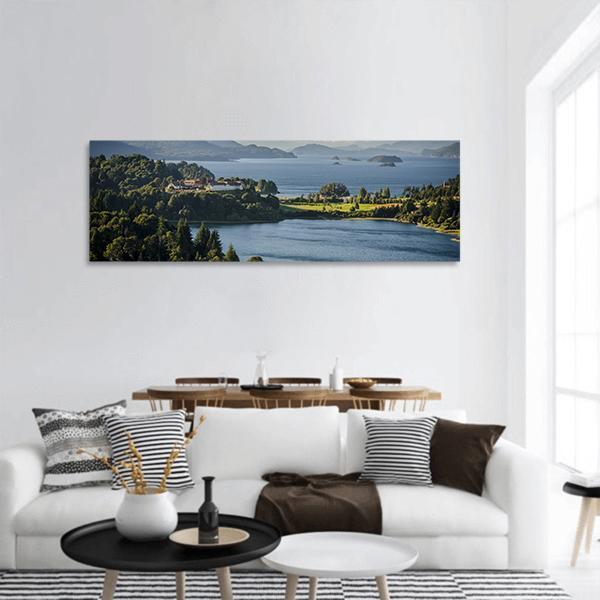 Lake Nahuel Huapi, Argentina Panoramic Canvas Wall Art in green and blue, single panel hung on a wall