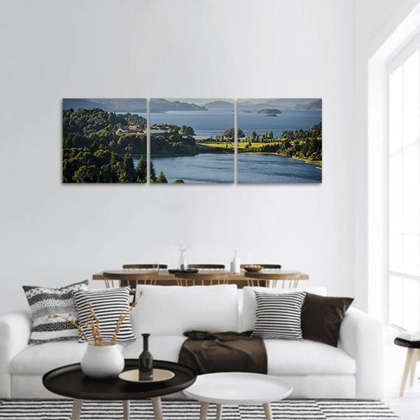 Lake Nahuel Huapi, Argentina Panoramic Canvas Wall Art in green and blue, hung on a wall