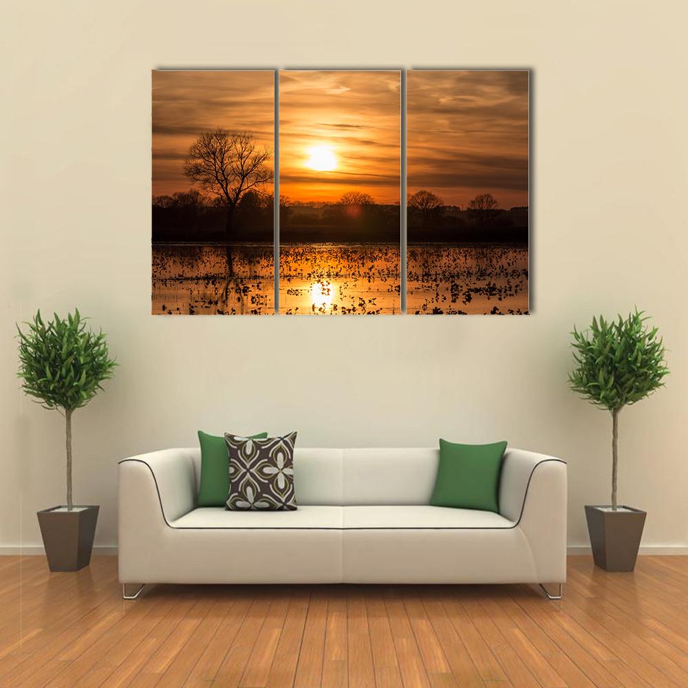 Lake Near Forest At Sunset Canvas Wall Art-1 Piece-Gallery Wrap-24" x 16"-Tiaracle