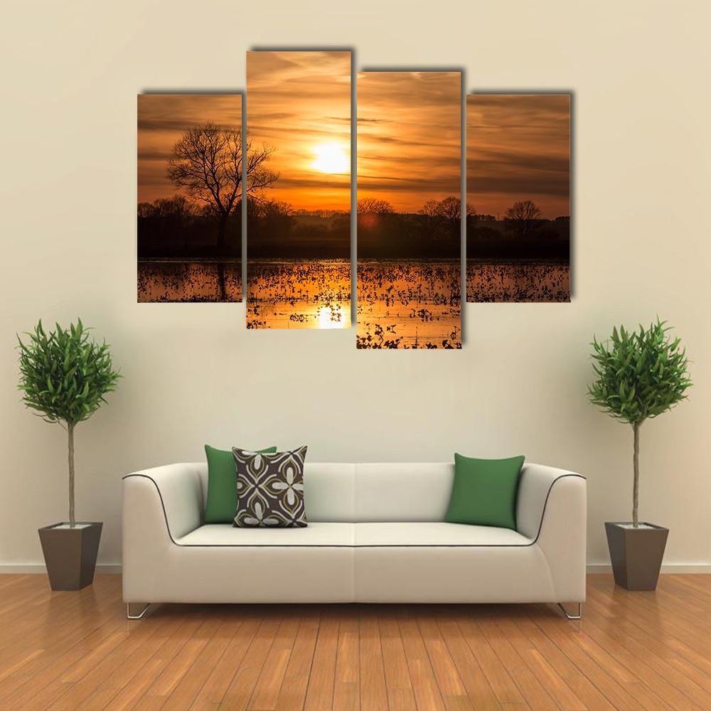 Lake Near Forest At Sunset Canvas Wall Art-4 Pop-Gallery Wrap-34" x 20"-Tiaracle