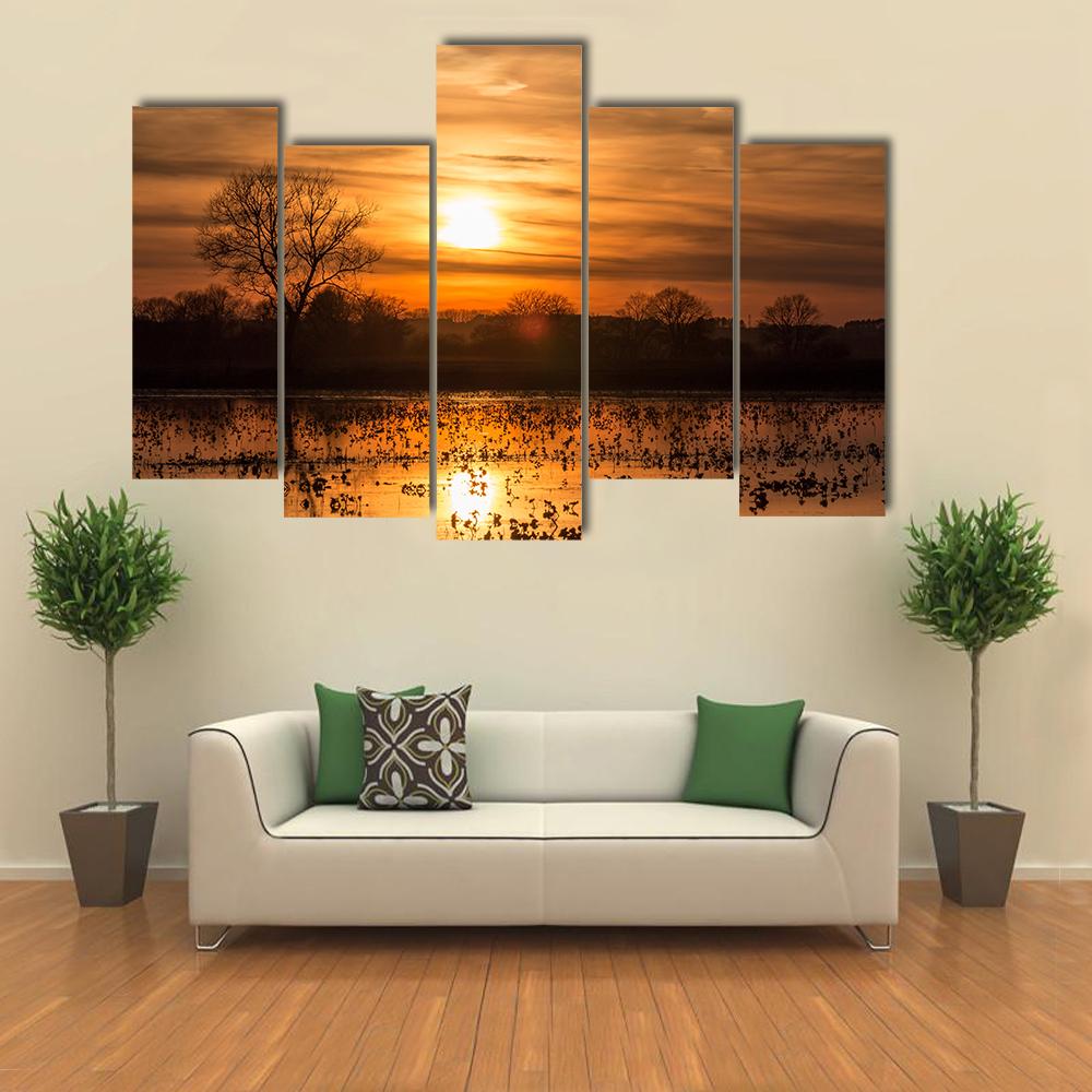 Lake Near Forest At Sunset Canvas Wall Art-5 Pop-Gallery Wrap-32" x 21"-Tiaracle