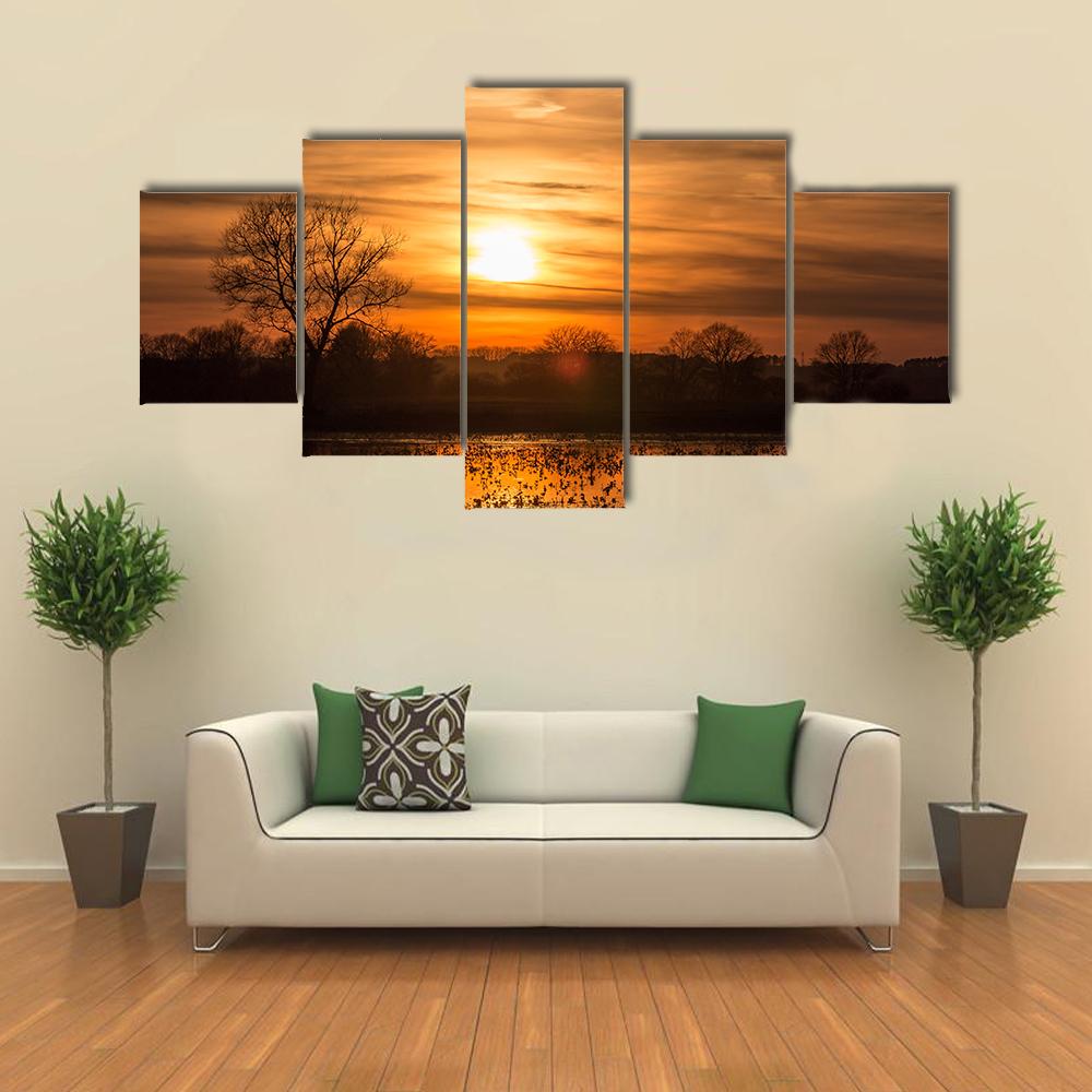 Lake Near Forest At Sunset Canvas Wall Art-5 Star-Gallery Wrap-42" x 21"-Tiaracle