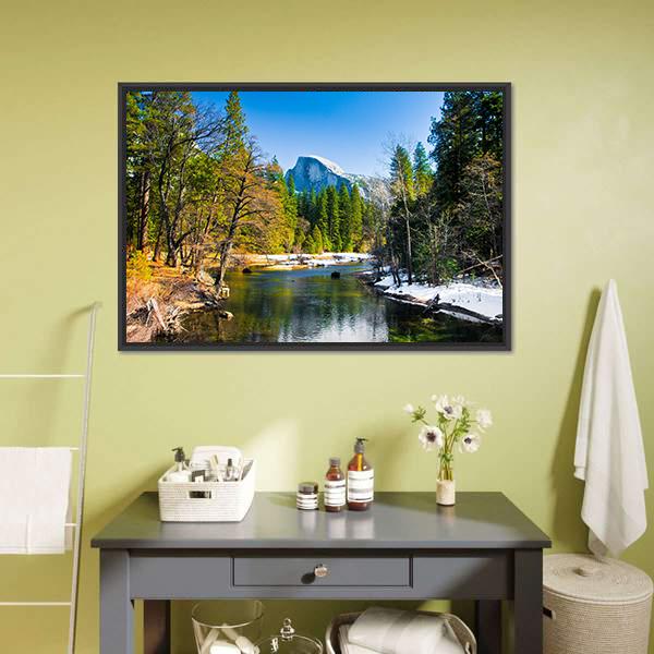 Lake Near Half Dome Rock Canvas Wall Art-1 Piece-Floating Frame-24" x 16"-Tiaracle