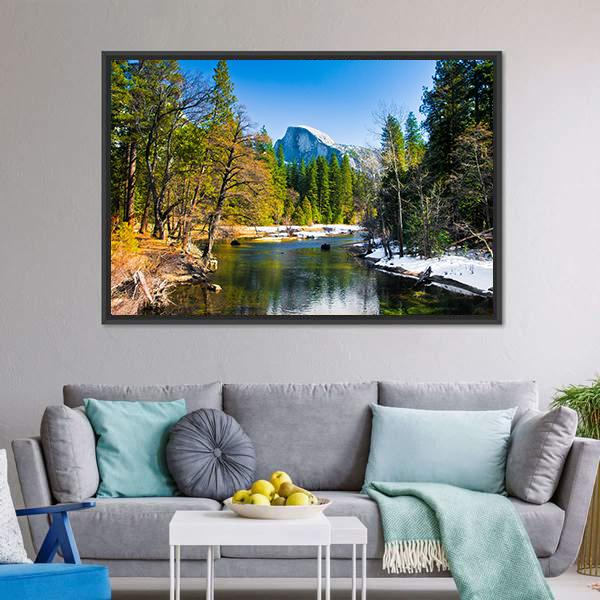 Lake Near Half Dome Rock Canvas Wall Art-3 Horizontal-Gallery Wrap-25" x 16"-Tiaracle