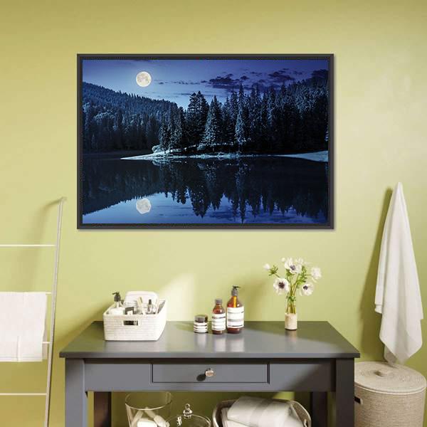 Lake Near Pine Forest Canvas Wall Art-1 Piece-Floating Frame-24" x 16"-Tiaracle