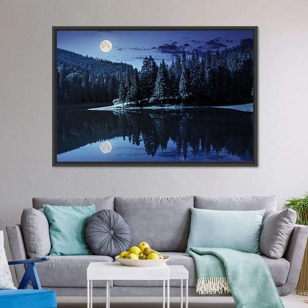 Lake Near Pine Forest Canvas Wall Art-3 Horizontal-Gallery Wrap-25" x 16"-Tiaracle