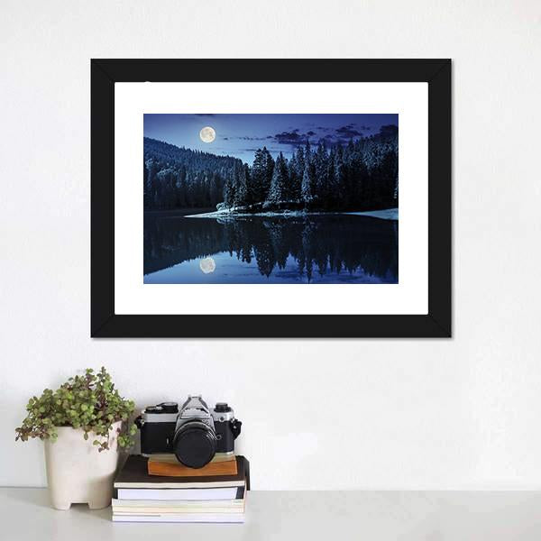 Lake Near Pine Forest Canvas Wall Art-1 Piece-Framed Print-20" x 16"-Tiaracle