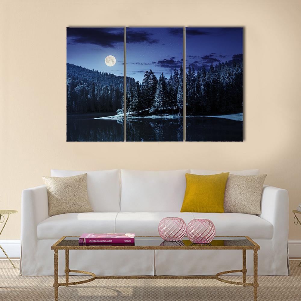 Lake Near Pine Forest Canvas Wall Art-3 Horizontal-Gallery Wrap-37" x 24"-Tiaracle