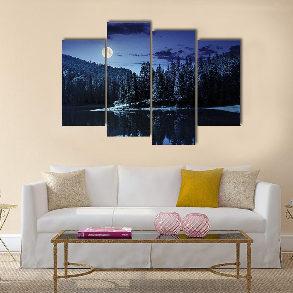 Lake Near Pine Forest Canvas Wall Art-4 Pop-Gallery Wrap-50" x 32"-Tiaracle