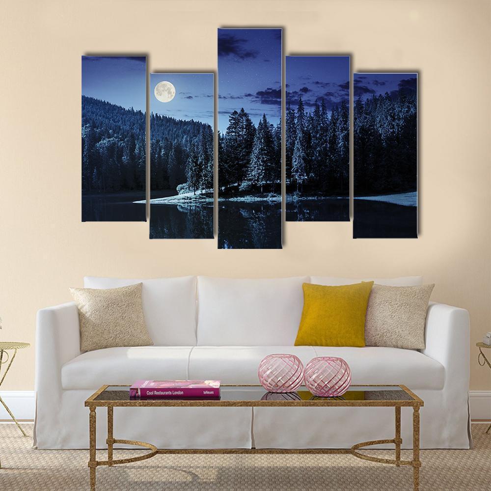 Lake Near Pine Forest Canvas Wall Art-5 Pop-Gallery Wrap-47" x 32"-Tiaracle