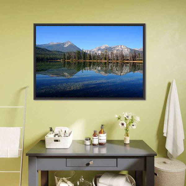 Lake and Sawtooth Mountain Canvas Wall Art in gray and blue, framed canvas, product view on a white background