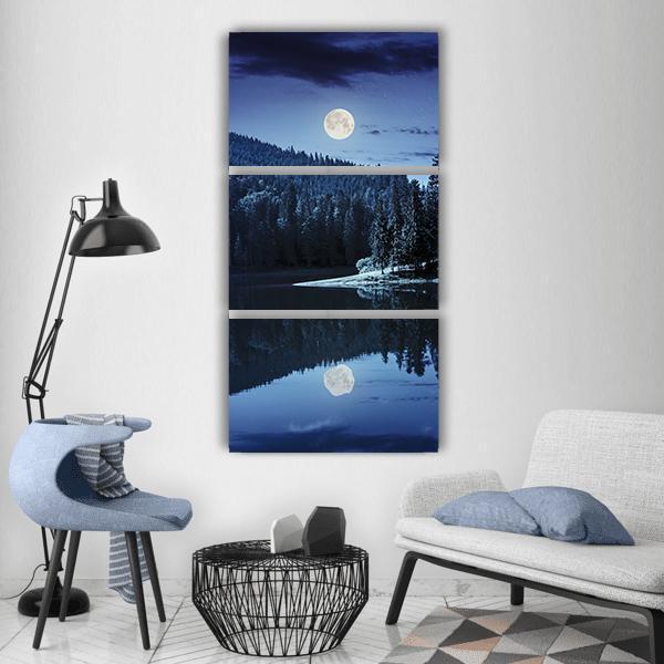 Lake Near Pine Forest Vertical Canvas Wall Art-3 Vertical-Gallery Wrap-12" x 25"-Tiaracle