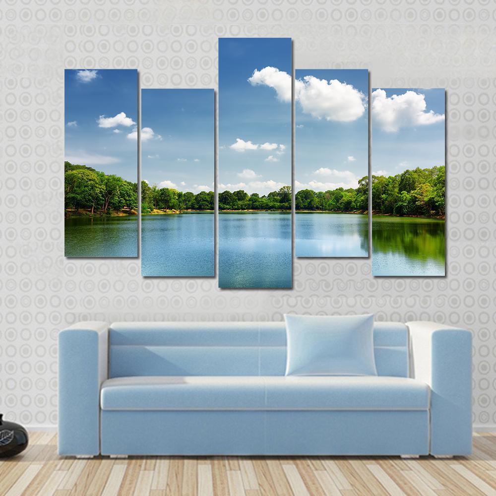 Lake Nestled Among Rain Forest In Cambodia Canvas Wall Art-5 Pop-Gallery Wrap-47" x 32"-Tiaracle