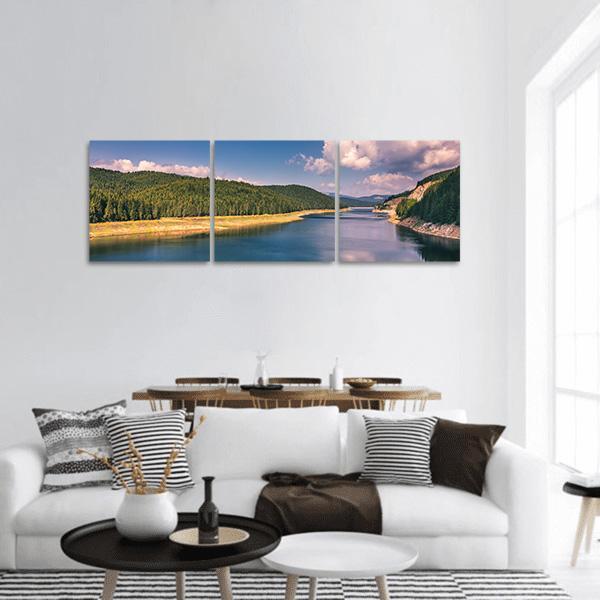 Lake Oasa Shoreline, Romania Panoramic Canvas Wall Art in yellow, green and blue, hung on a wall