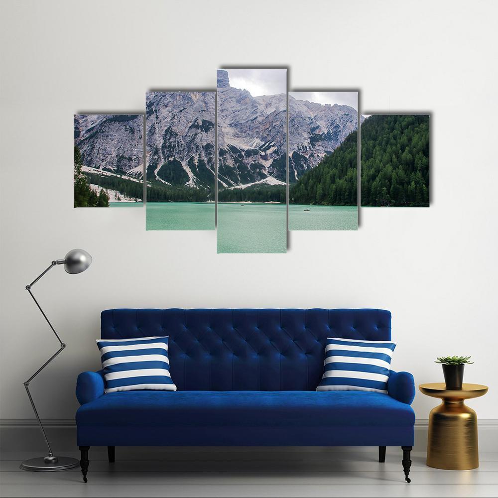Lake Of Braies Canvas Wall Art-5 Star-Gallery Wrap-62" x 32"-Tiaracle