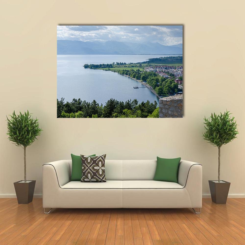 Lake Ohrid Coastline Canvas Wall Art in white, green and blue, single panel hung on a wall
