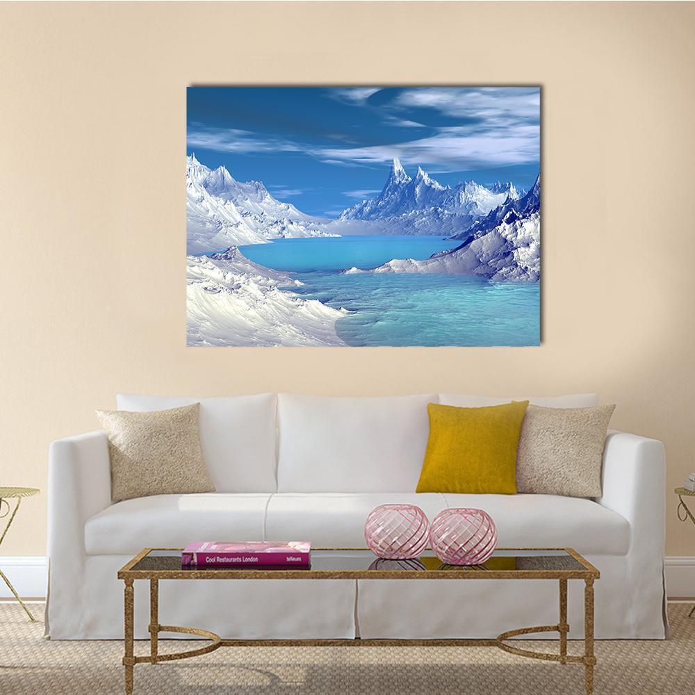 Alien Lake on Icy Planet Canvas Wall Art in white and blue, single panel hung on a wall