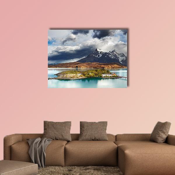 Lake Pehoe Landscape Canvas Wall Art in gray, brown and blue, single panel hung on a wall