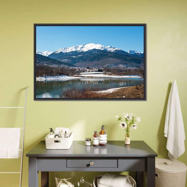Lake Plastira On Winter Canvas Wall Art-1 Piece-Floating Frame-24" x 16"-Tiaracle