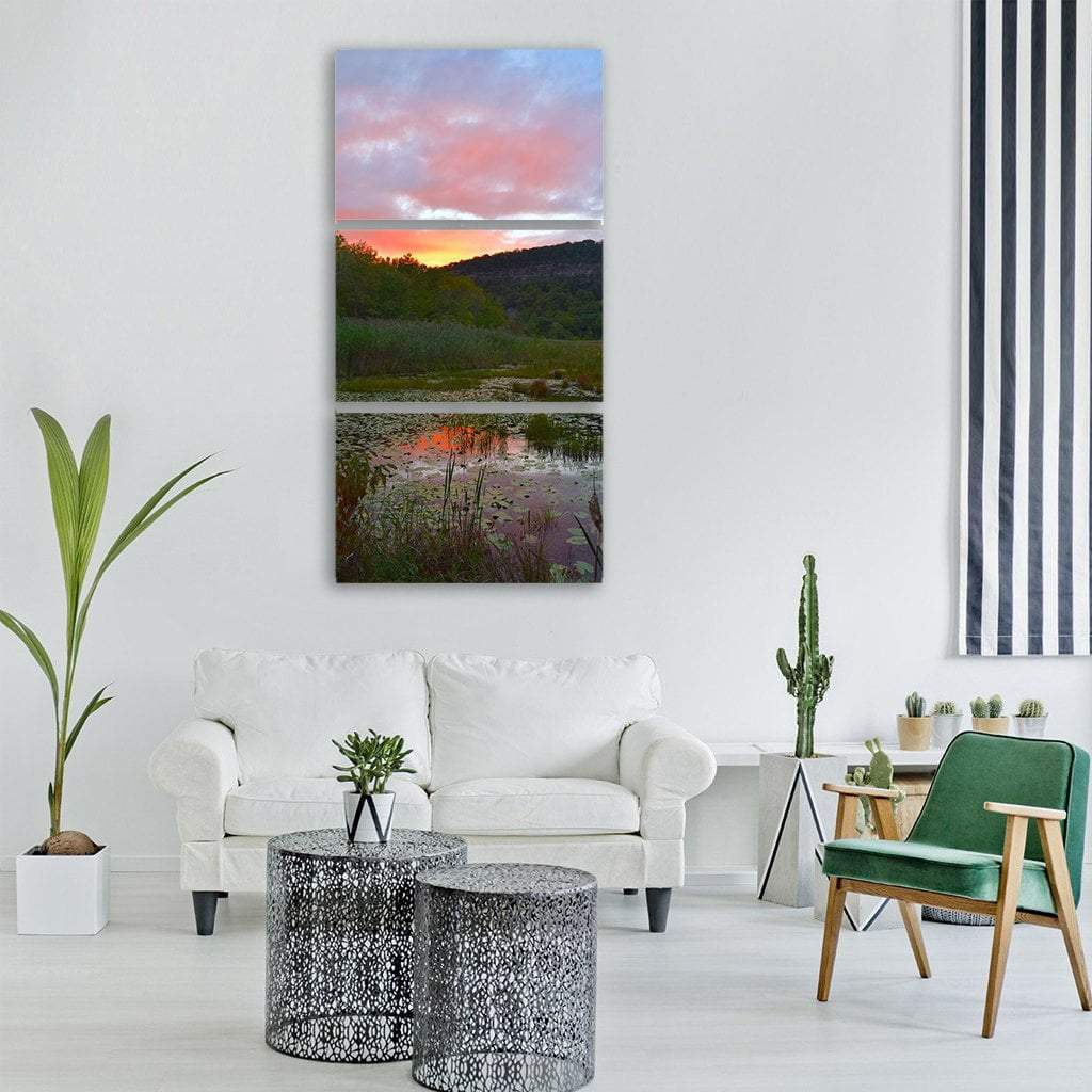 Pond In Forest Vertical Canvas Wall Art-3 Vertical-Gallery Wrap-12" x 25"-Tiaracle