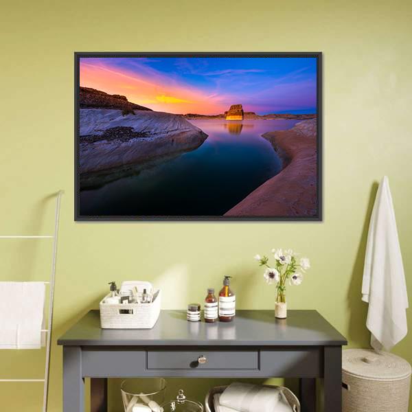 Sunset Over Lake Powell Canvas Wall Art in orange, blue and purple, framed canvas, product view on a white background