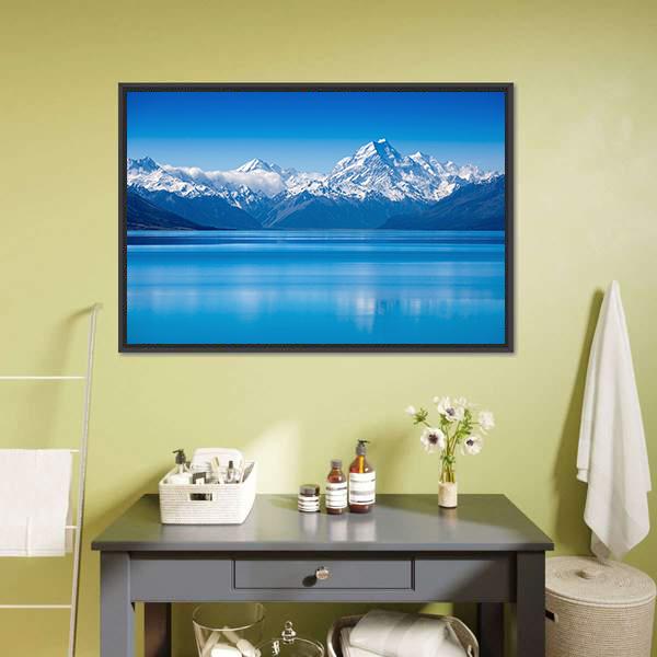 Lake Pukaki Canvas Wall Art in white and blue, framed canvas, product view on a white background
